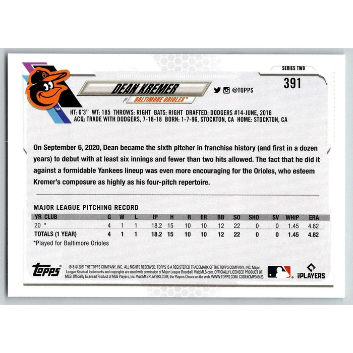 2021 Topps Baseball Complete Set Dean Kremer RC Baltimore Orioles #391 - Collectible Craze America