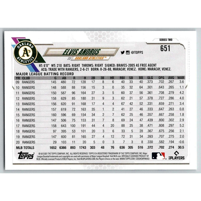 2021 Topps Baseball Complete Set Elvis Andrus Oakland Athletics #651 - Collectible Craze America