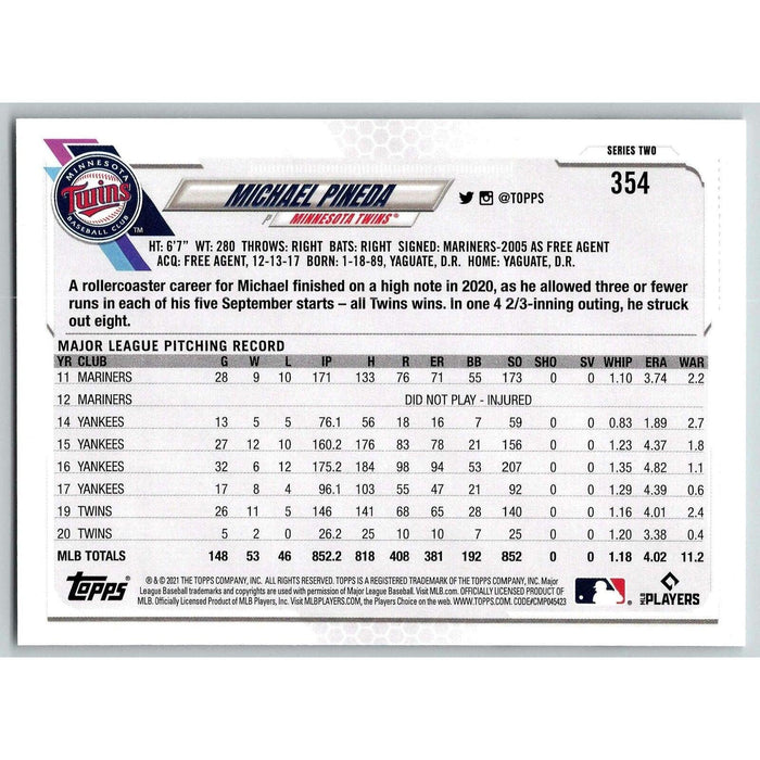 2021 Topps Baseball Complete Set Michael Pineda Minnesota Twins #354 - Collectible Craze America