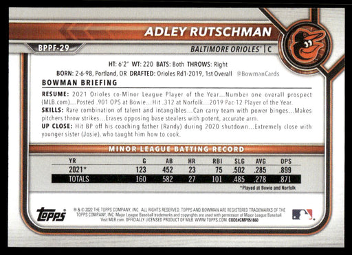 Adley Rutschman 2022 Bowman First Edition Base Back of Card