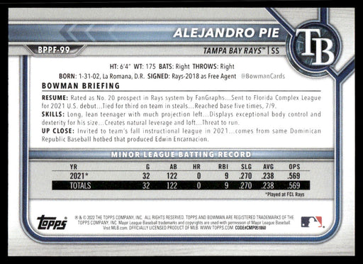 Alejandro Pie 2022 Bowman First Edition Base Back of Card