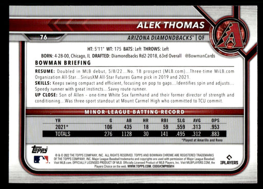 Alek Thomas 2022 Bowman Chrome Base Back of Card