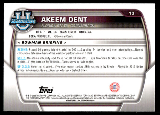 Akeem Dent 2022 Bowman U Football Base Back of Card