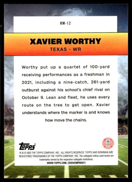 Xavier Worthy 2022 Bowman U Football Base Back of Card