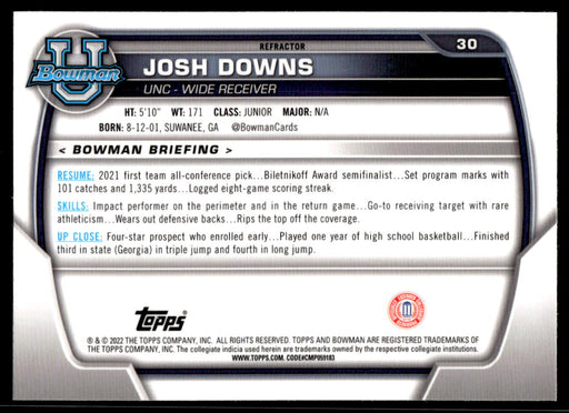 Josh Downs 2022 Bowman U Football Silver Refractor Back of Card