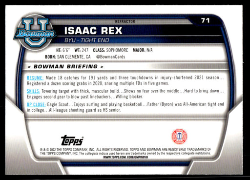 Isaac Rex 2022 Bowman U Football Silver Refractor Back of Card