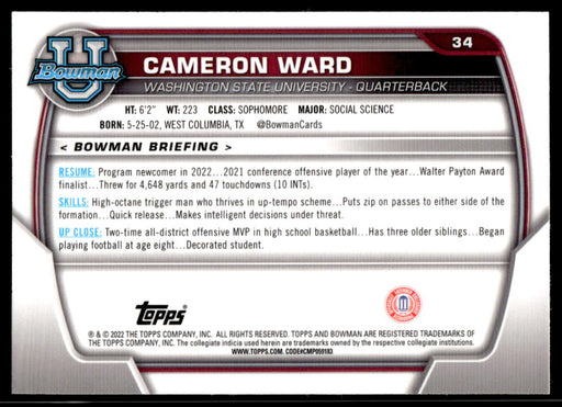 Cameron Ward 2022 Bowman U Football Pink Refractor Back of Card
