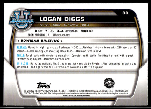 Logan Diggs 2022 Bowman U Football Pink Refractor Back of Card