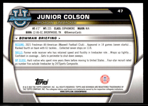 Junior Colson 2022 Bowman U Football Pink Refractor Back of Card