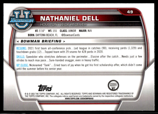 Nathaniel Dell 2022 Bowman U Football Pink Refractor Back of Card