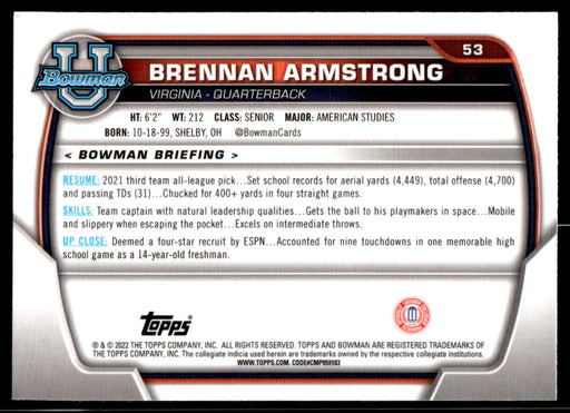 Brennan Armstrong 2022 Bowman U Football Pink Refractor Back of Card