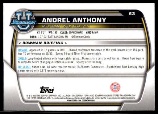 Andrel Anthony 2022 Bowman U Football Pink Refractor Back of Card