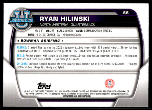 Ryan Hilinski 2022 Bowman U Football Pink Refractor Back of Card
