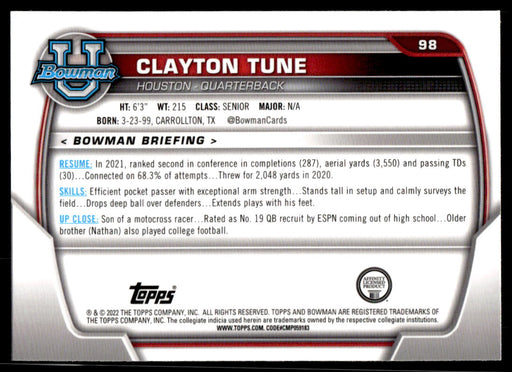 Clayton Tune 2022 Bowman U Football Pink Refractor Back of Card