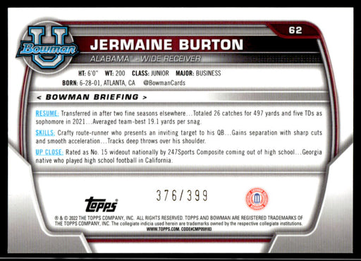 Jermaine Burton 2022 Bowman U Football Purple Refractor Back of Card