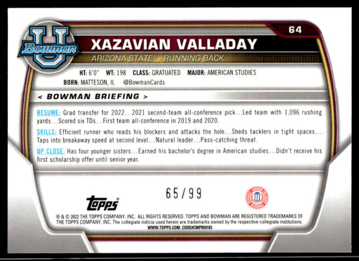 Xazavian Valladay 2022 Bowman U Football Green Refractor Back of Card