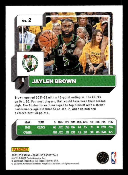 Jaylen Brown 2022-23 Panini Donruss Basketball Green Holo Laser Back of Card