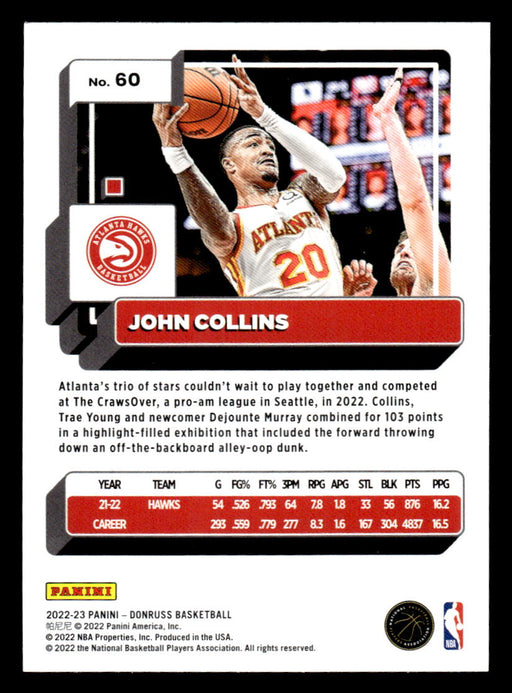 John Collins 2022-23 Panini Donruss Basketball Green Holo Laser Back of Card