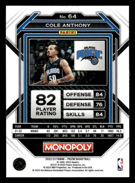 Cole Anthony 2022-23 Panini Prizm NBA Monopoly Base Back of Card