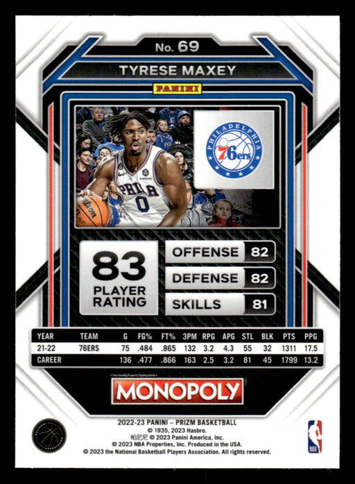 Tyrese Maxey 2022-23 Panini Prizm NBA Monopoly Base Back of Card