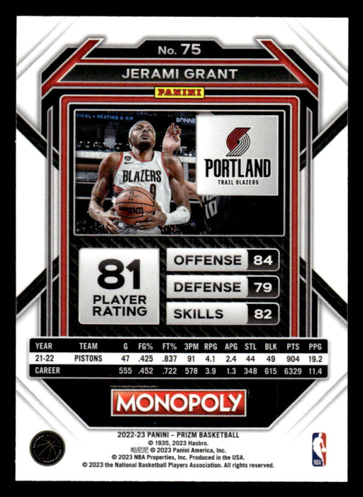 Jerami Grant 2022-23 Panini Prizm NBA Monopoly Base Back of Card