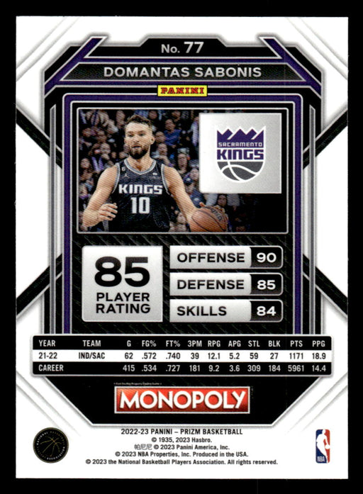 Domantas Sabonis 2022-23 Panini Prizm NBA Monopoly Base Back of Card