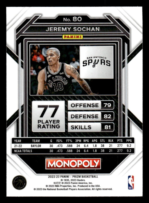 Jeremy Sochan 2022-23 Panini Prizm NBA Monopoly Base Back of Card