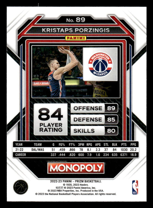 Kristaps Porzingis 2022-23 Panini Prizm NBA Monopoly Base Back of Card