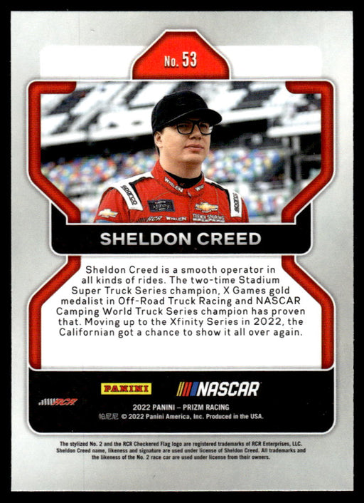 Sheldon Creed 2022 Panini Prizm Racing Base Back of Card