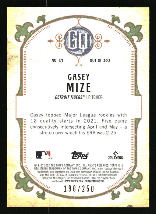 Casey Mize 2022 Topps Gypsy Queen Back of Card