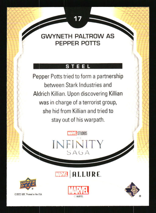 Gwyneth Paltrow as Pepper Potts 2022 Upper Deck Marvel Allure Back of Card