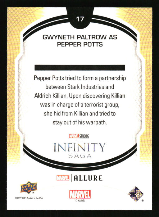 Gwyneth Paltrow as Pepper Potts 2022 Upper Deck Marvel Allure Back of Card
