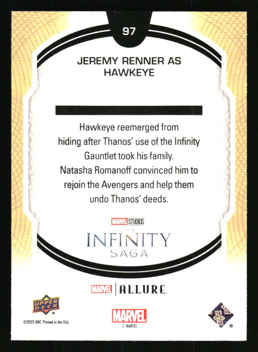 Jeremy Renner as Hawkeye 2022 Upper Deck Marvel Allure Back of Card
