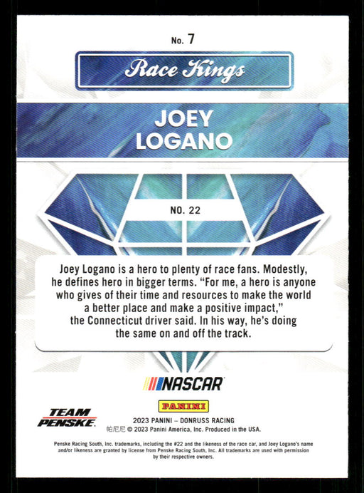 Joey Logano 2023 Panini Donruss Racing Silver Race Kings Base Back of Card