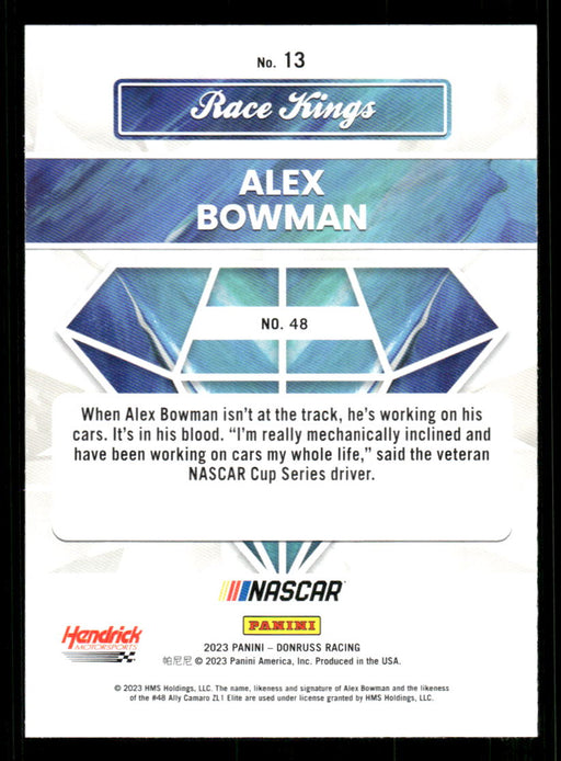 Alex Bowman 2023 Panini Donruss Racing Silver Race Kings Base Back of Card