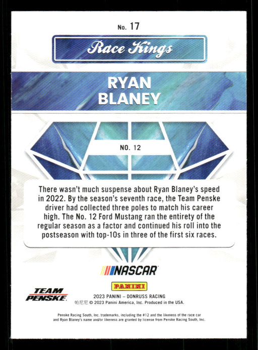 Ryan Blaney 2023 Panini Donruss Racing Silver Race Kings Base Back of Card