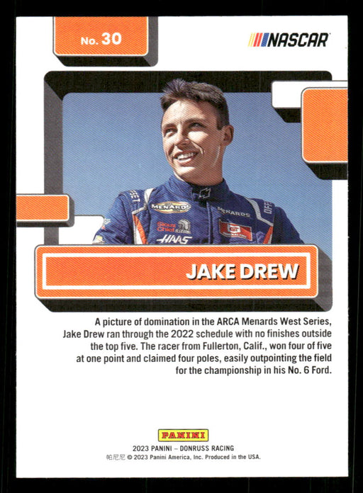 Jake Drew 2023 Panini Donruss Racing Silver Drivers Base Back of Card