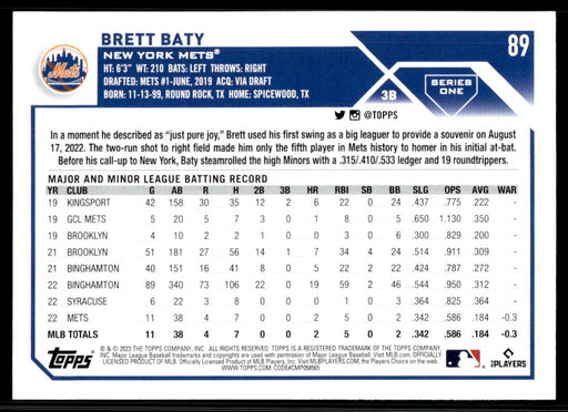 Brett Baty 2023 Topps Series 1 Base Back of Card