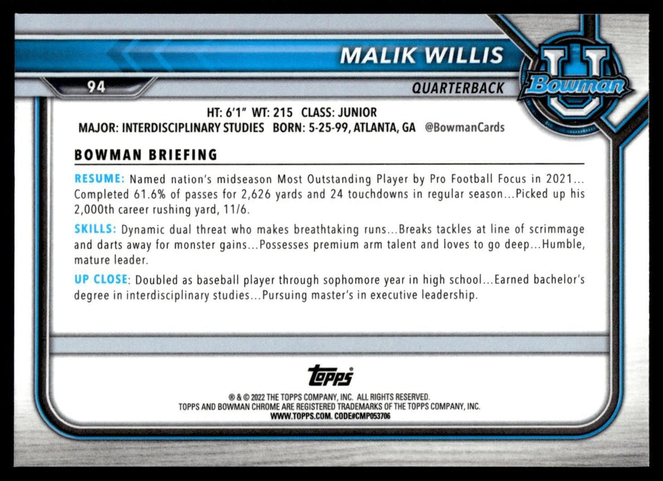 Malik Willis 2021 Bowman University Football # 94 Pink Refractor Liberty Flames