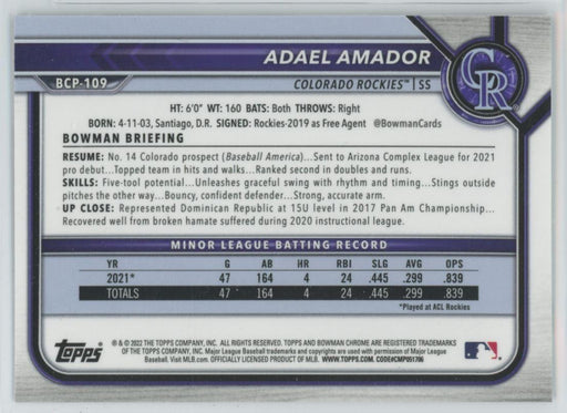 Adael Amador 2022 Bowman Chrome Prospects # BCP-109 Colorado Rockies - Collectible Craze America