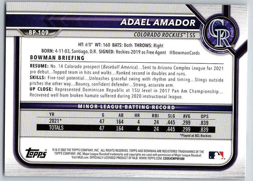 Adael Amador 2022 Bowman Prospects # BP-109 Colorado Rockies - Collectible Craze America