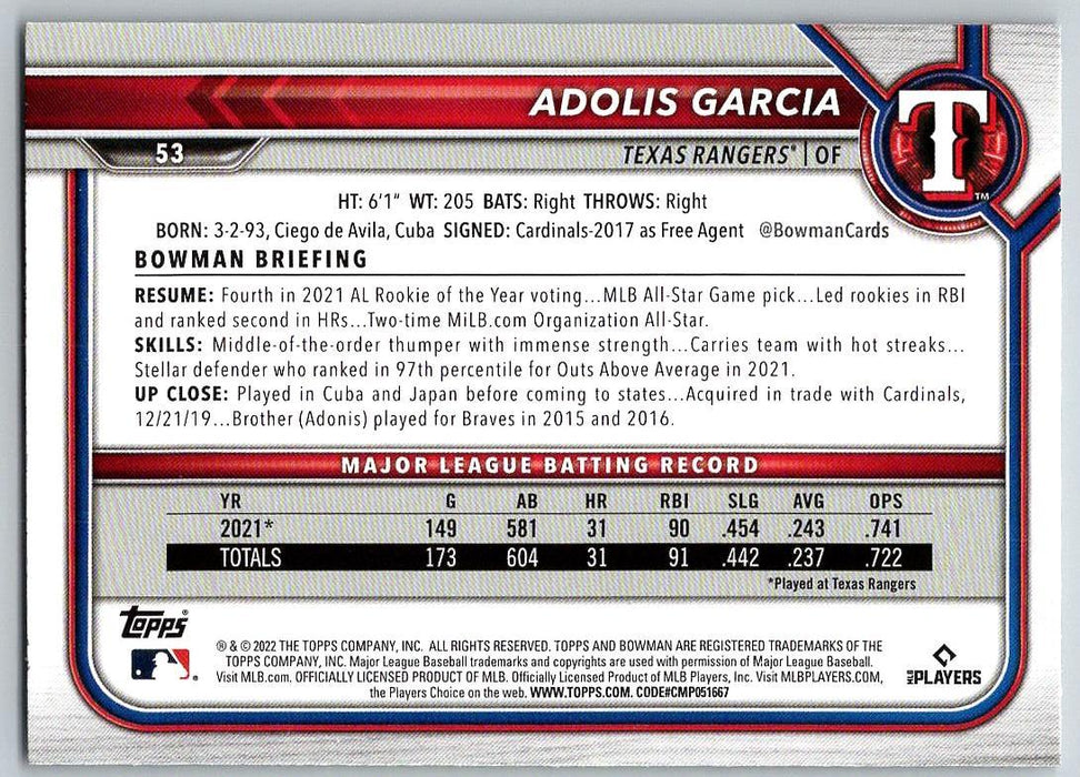 Adolis Garcia 2022 Bowman # 53 Texas Rangers - Collectible Craze America