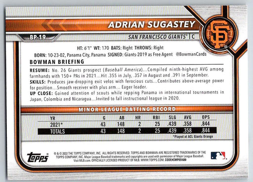 Adrian Sugastey 2022 Bowman Prospects # BP-19 1st Bowman San Francisco Giants - Collectible Craze America
