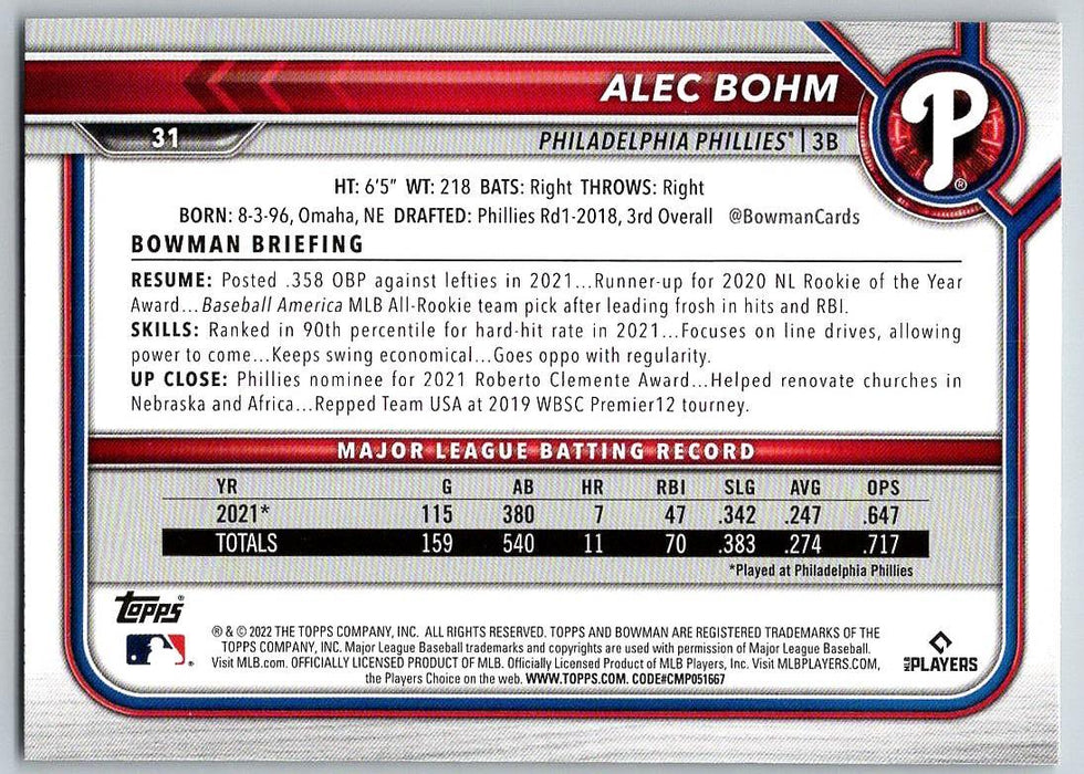 Alec Bohm 2022 Bowman # 31 Philadelphia Phillies - Collectible Craze America