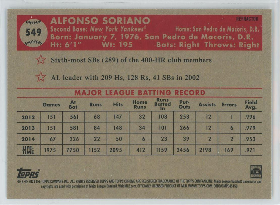 Alfonso Soriano 2021 Topps Chrome Platinum Anniversary # 549 Refractor —  Collectible Craze America