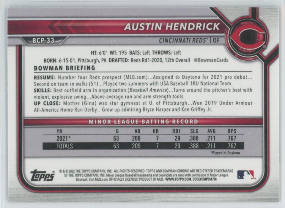 Austin Hendrick 2022 Bowman Chrome Prospects # BCP-33 Cincinnati Reds - Collectible Craze America