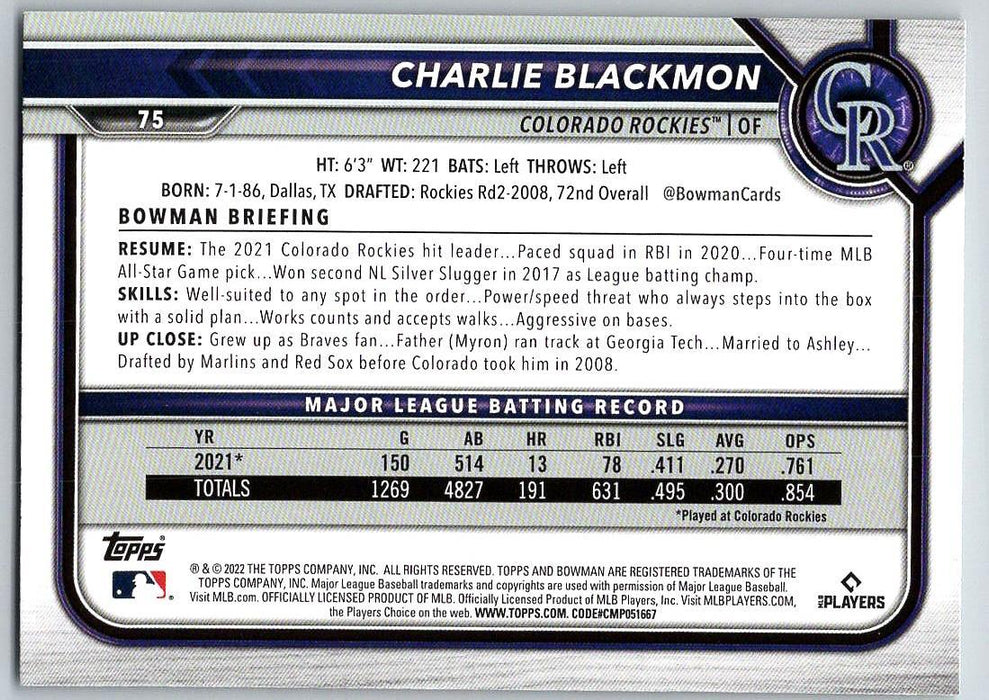 Charlie Blackmon 2022 Bowman # 75 Colorado Rockies - Collectible Craze America