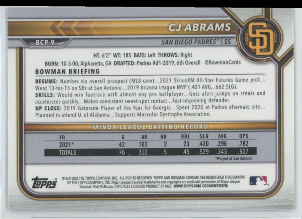 CJ Abrams 2022 Bowman Chrome Prospects # BCP-9 San Diego Padres - Collectible Craze America