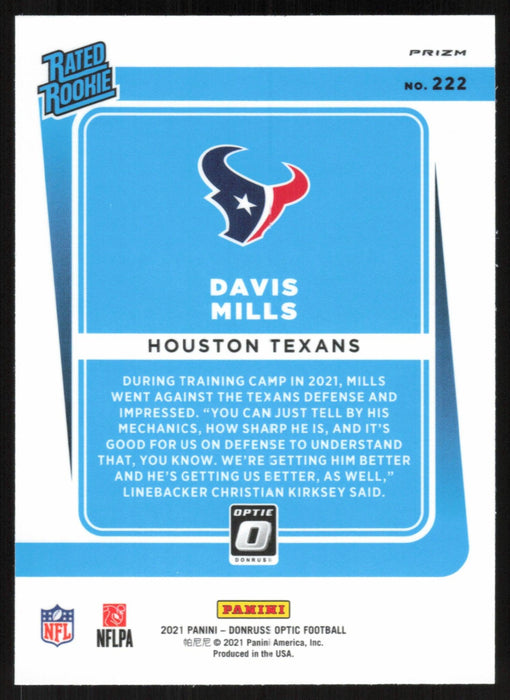 Davis Mills 2021 Donruss Optic Rated Rookie # 222 RC Silver Prizm Houston Texans - Collectible Craze America