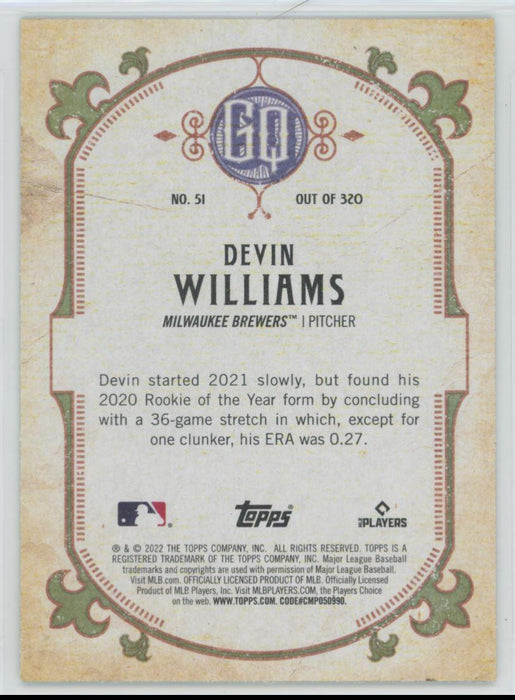 Devin Williams 2022 Topps Gypsy Queen # 51 Green Milwaukee Brewers - Collectible Craze America